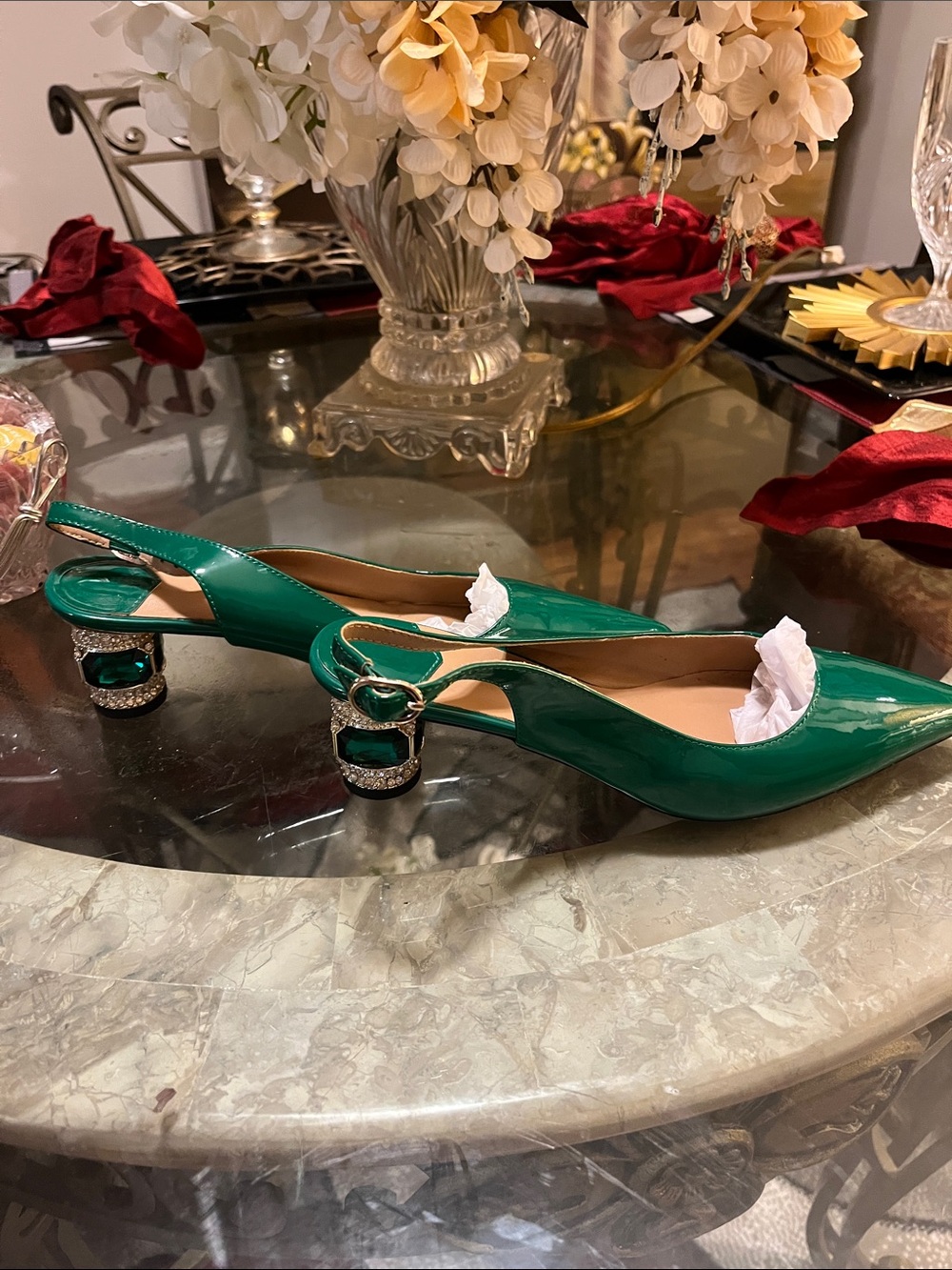 🤩🤩Green Patent Slingback Mules with Jeweled Block Heel🤩